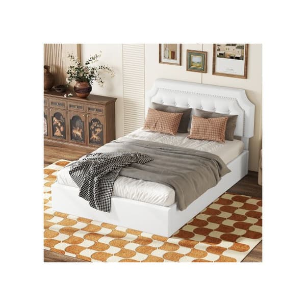 140*200cm platt säng, vadderad säng, tvåvägshydraulisk säng, minimalistisk design, elegant vaddering, vit