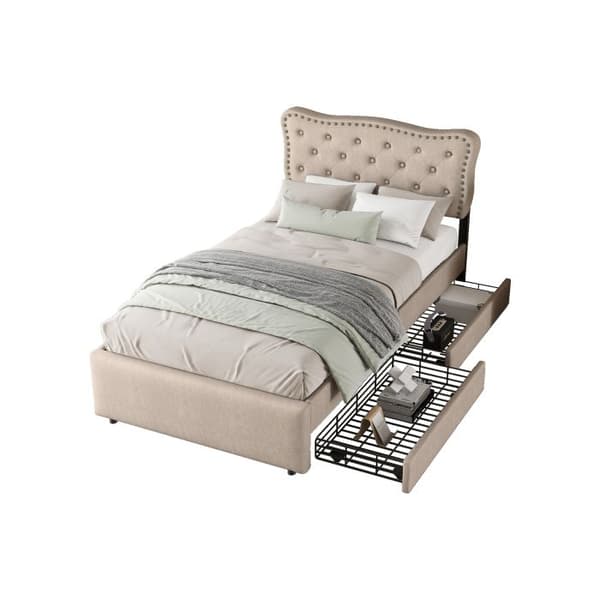 Säng 90*200 cm, vadderad säng, vadderad sänggavel med dekorativa nitar, dubbla lådor, mörk beige