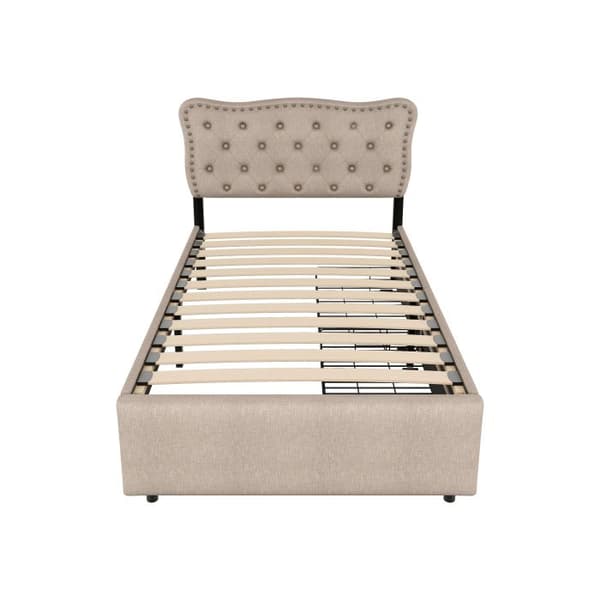 Säng 90*200 cm, vadderad säng, vadderad sänggavel med dekorativa nitar, dubbla lådor, mörk beige