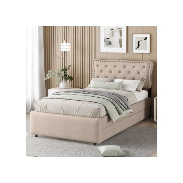 Säng 90*200 cm, vadderad säng, vadderad sänggavel med dekorativa nitar, dubbla lådor, mörk beige