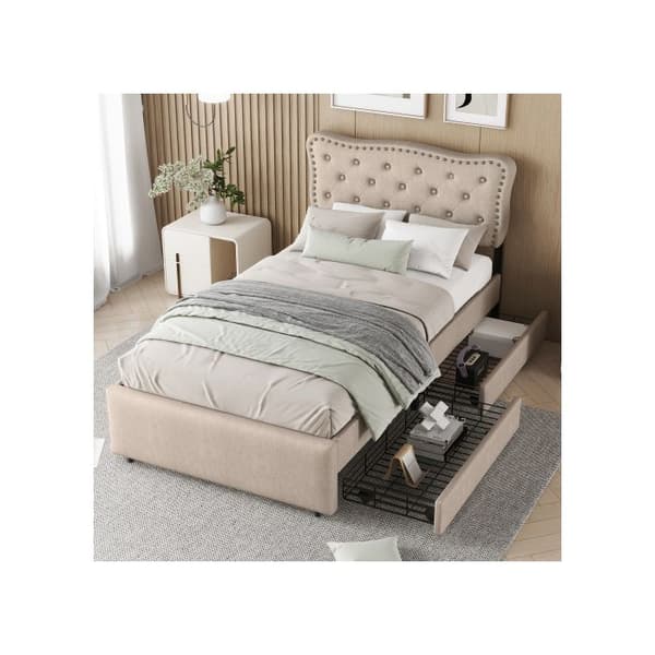 Säng 90*200 cm, vadderad säng, vadderad sänggavel med dekorativa nitar, dubbla lådor, mörk beige