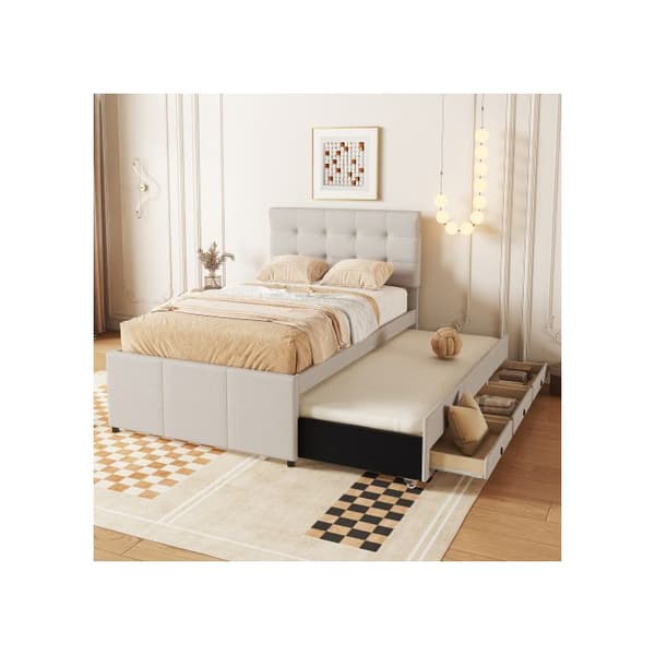 Säng med stoppning, 90x200cm(90x190cm), Familjesäng, Säng med tre lådor, Utan madrass, Beige färg