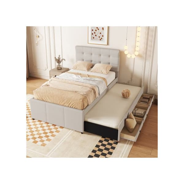 Säng med stoppning, 90x200cm(90x190cm), Familjesäng, Säng med tre lådor, Utan madrass, Beige färg