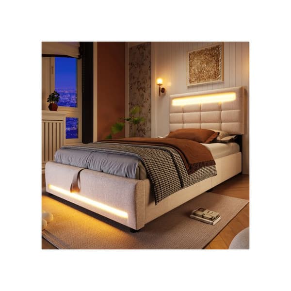 Madrassäng med stoppning, 90*200 cm, utan madrass, med USB-uttag, linne, beige