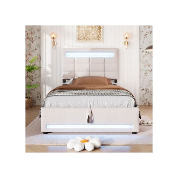Madrassäng med stoppning, 90*200 cm, utan madrass, med USB-uttag, linne, beige