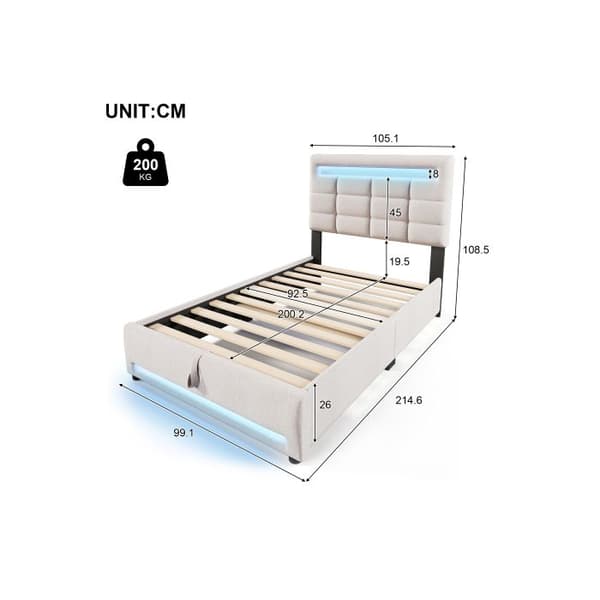 Madrassäng med stoppning, 90*200 cm, utan madrass, med USB-uttag, linne, beige