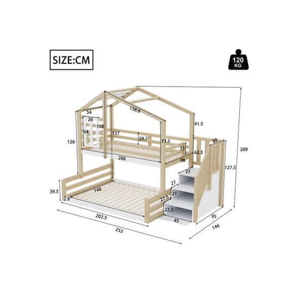 Överslaf, 90*200cm, furu, säng med fönster, husräcke, ramp, steg med förvaring, naturlig