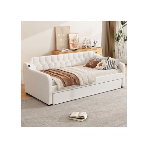 Sängsoffa 90*200cm, dagbädd, med utdragbar säng, USB-uttag, beige