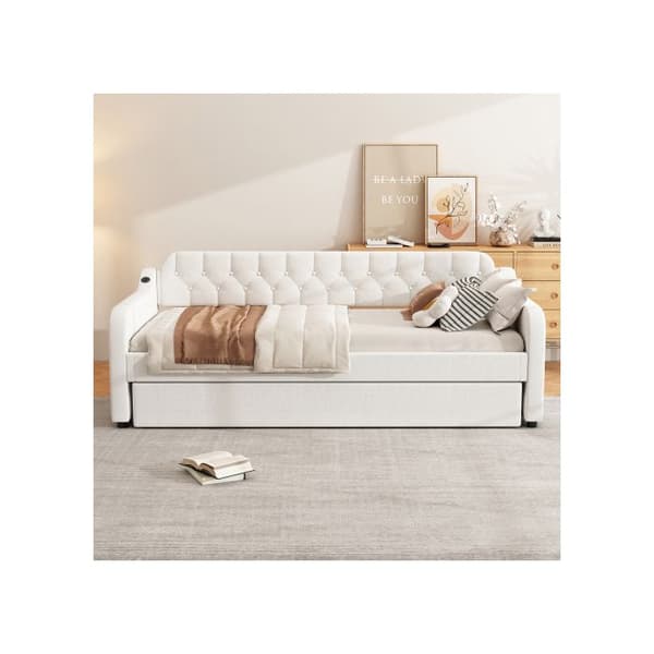 Sängsoffa 90*200cm, dagbädd, med utdragbar säng, USB-uttag, beige