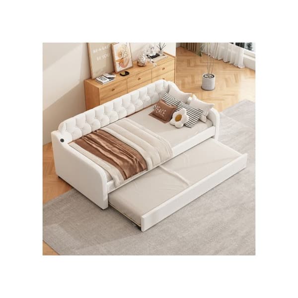 Sängsoffa 90*200cm, dagbädd, med utdragbar säng, USB-uttag, beige