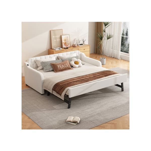 Sängsoffa 90*200cm, dagbädd, med utdragbar säng, USB-uttag, beige