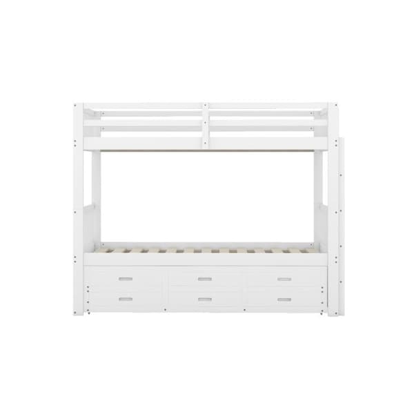 Högt junior säng 90x200cm med stege, utdragbar säng och 3 lådor, vit