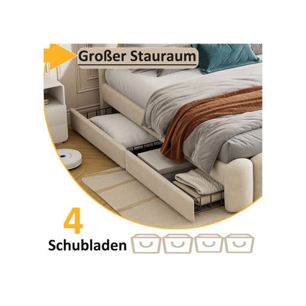 Polstrad säng, 160 x 200 cm, utan madrass, polstrad säng med USB och stereoljusrem, beige