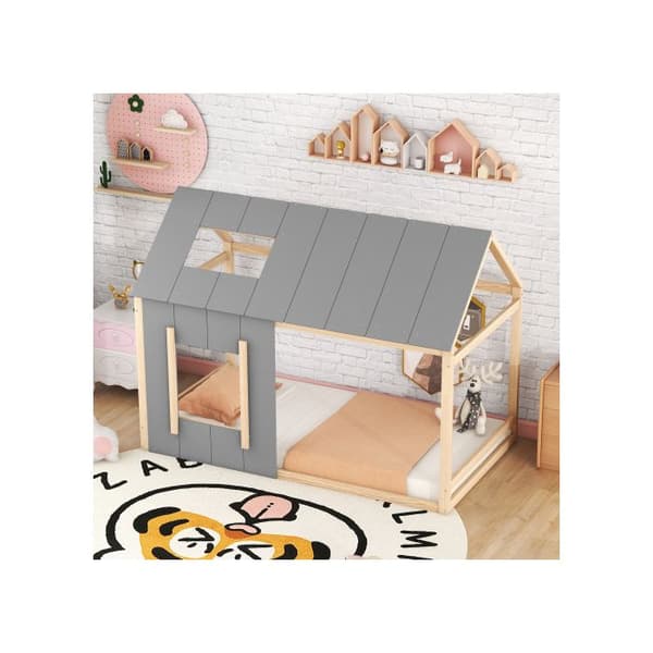 90 x 200 Lit d'enfant, lit d'enfant i form av ett hus, platt enkelsäng med tak och fönster, naturlig + grå (ETA:12/8)
