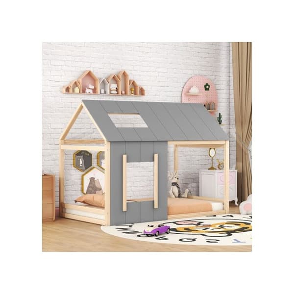 90 x 200 Lit d'enfant, lit d'enfant i form av ett hus, platt enkelsäng med tak och fönster, naturlig + grå (ETA:12/8)