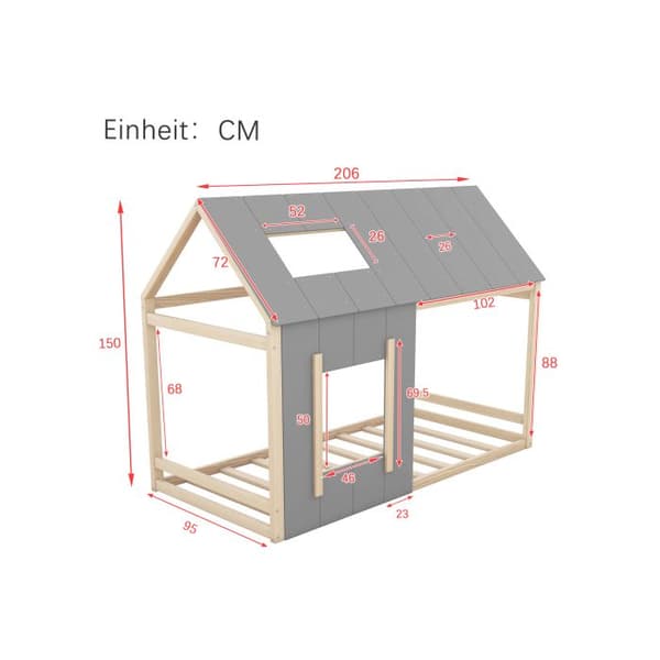 90 x 200 Lit d'enfant, lit d'enfant i form av ett hus, platt enkelsäng med tak och fönster, naturlig + grå (ETA:12/8)