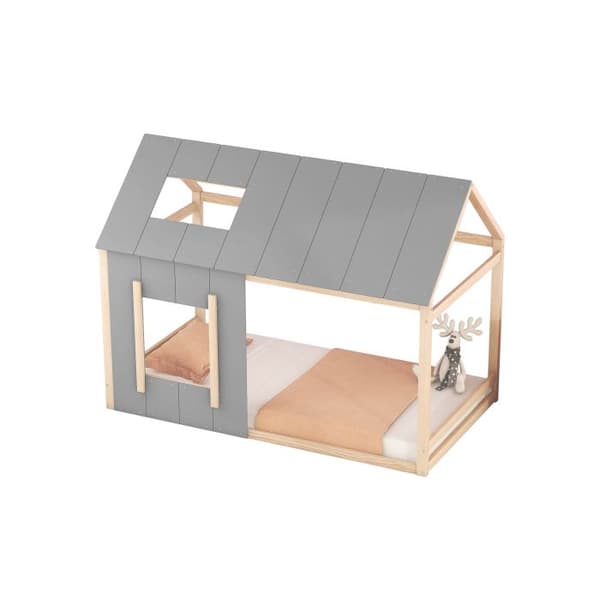 90 x 200 Lit d'enfant, lit d'enfant i form av ett hus, platt enkelsäng med tak och fönster, naturlig + grå (ETA:12/8)