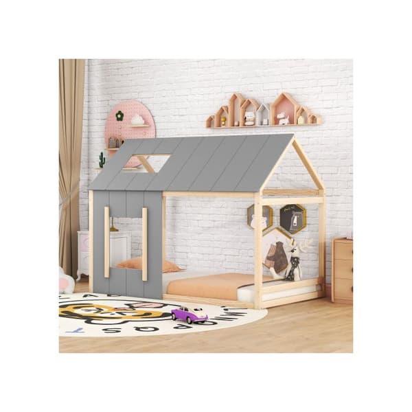 90 x 200 Lit d'enfant, lit d'enfant i form av ett hus, platt enkelsäng med tak och fönster, naturlig + grå (ETA:12/8)