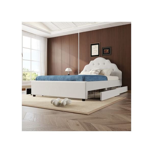 Upphöjd säng, 140x200cm upphöjd säng, dubbelsäng (utan madrass), linne, minimalistisk stil, beige