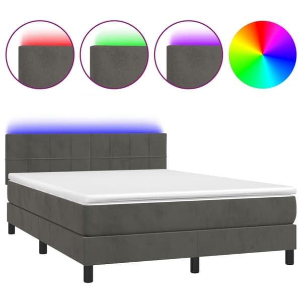 Ramsäng med madrass & LED mörkgrå 140x190 cm sammet