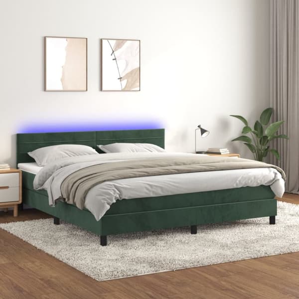 Ramsäng med madrass & LED mörkgrön 180x200 cm sammet