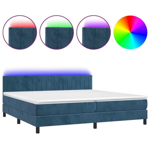 Ramsäng med madrass & LED mörkblå 200x200 cm sammet