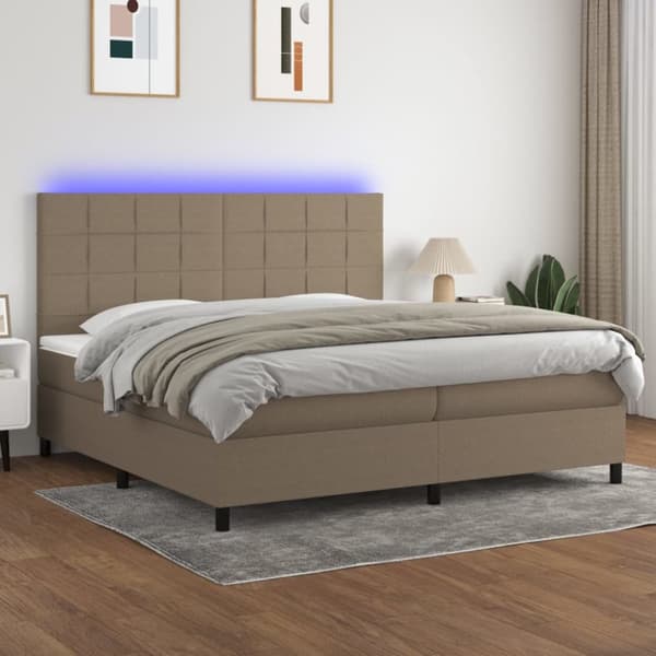 Ramsäng med madrass & LED taupe 200x200 cm tyg