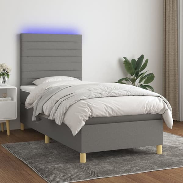 Ramsäng med madrass & LED mörkgrå 90x190 cm tyg