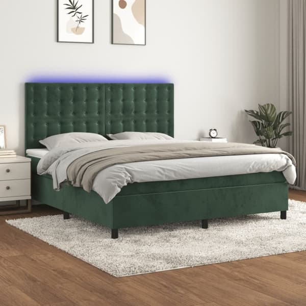 Ramsäng med madrass & LED mörkgrön 160x200 cm sammet