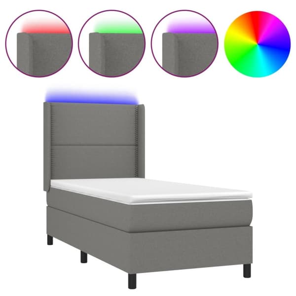 Ramsäng med madrass & LED mörkgrå 90x190 cm tyg