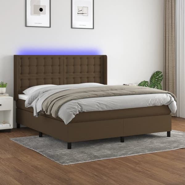 Ramsäng med madrass & LED mörkbrun 160x200 cm tyg