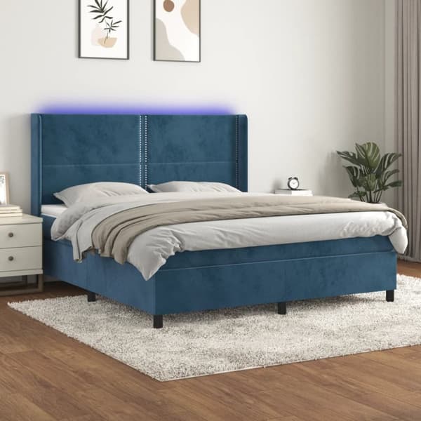 Ramsäng med madrass & LED mörkblå 160x200 cm sammet