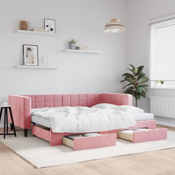 Dagbädd utdragbar med lådor rosa 90x200 cm sammet