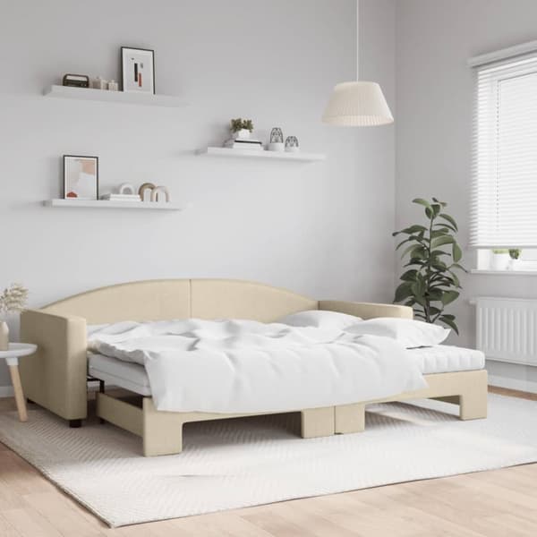 Dagbädd utdragbar med madrasser gräddvit 90x200 cm tyg