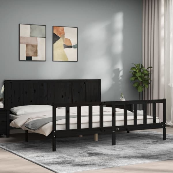 Sängram med huvudgavel svart 200x200 cm massivt trä