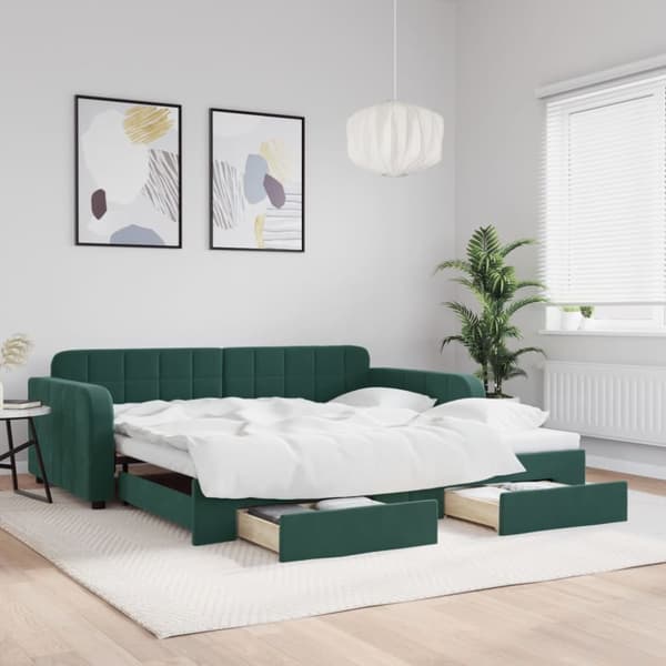 Dagbädd utdragbar med lådor mörkgrön 100x200 cm sammet