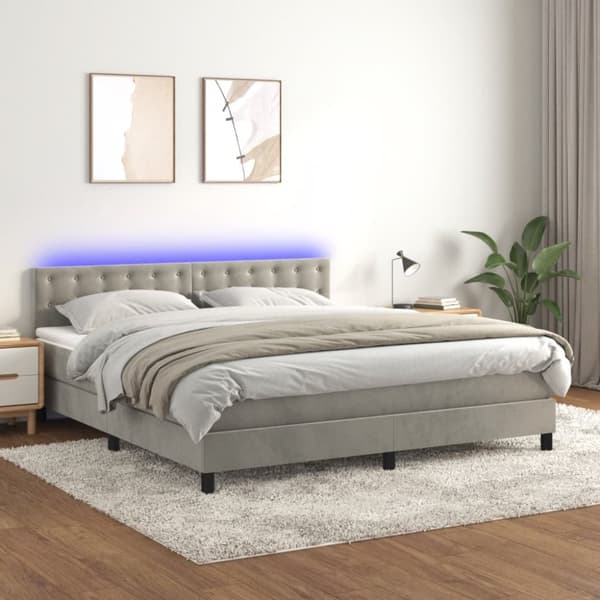 Ramsäng med madrass & LED ljusgrå 180x200 cm sammet
