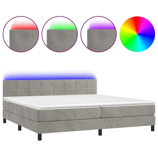 Ramsäng med madrass & LED ljusgrå 200x200 cm sammet