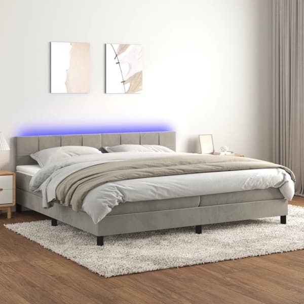 Ramsäng med madrass & LED ljusgrå 200x200 cm sammet