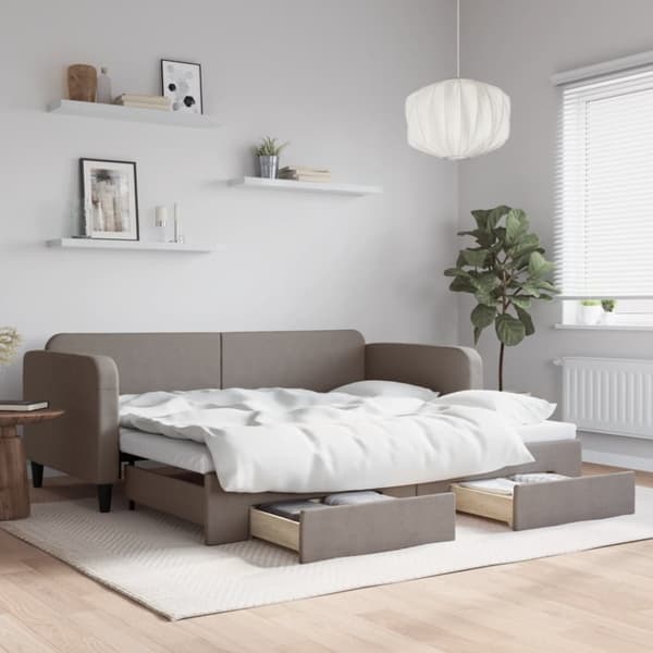Dagbädd utdragbar med lådor taupe 90x200 cm tyg