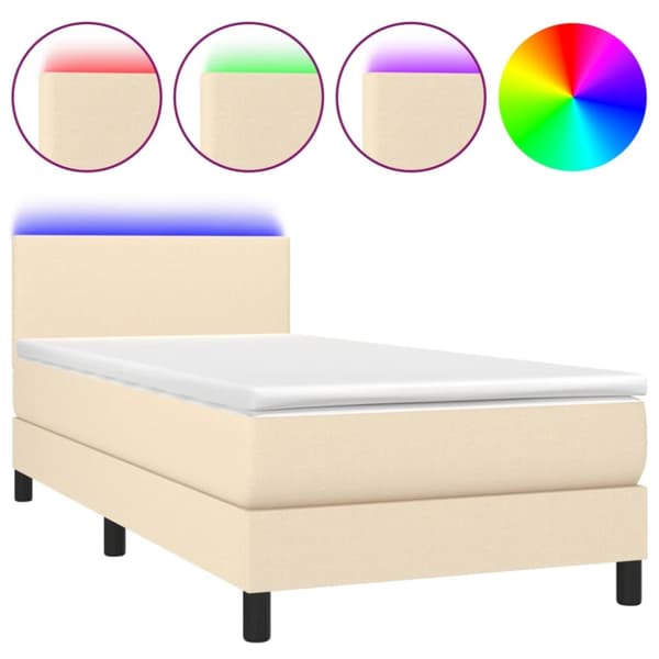Ramsäng med madrass & LED gräddvit 90x200 cm tyg