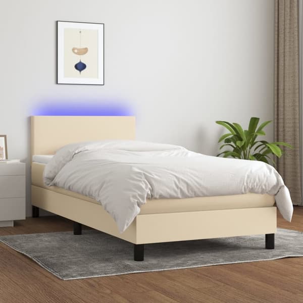Ramsäng med madrass & LED gräddvit 90x200 cm tyg