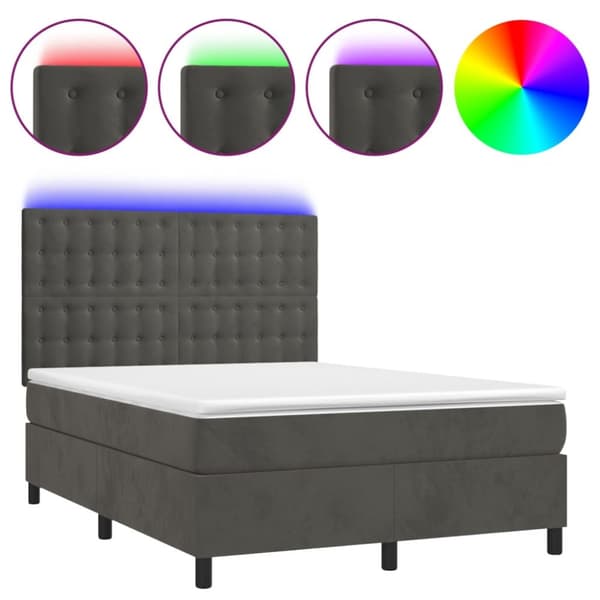 Ramsäng med madrass & LED mörkgrå 140x190 cm sammet
