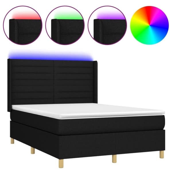 Ramsäng med madrass & LED svart 140x190 cm tyg