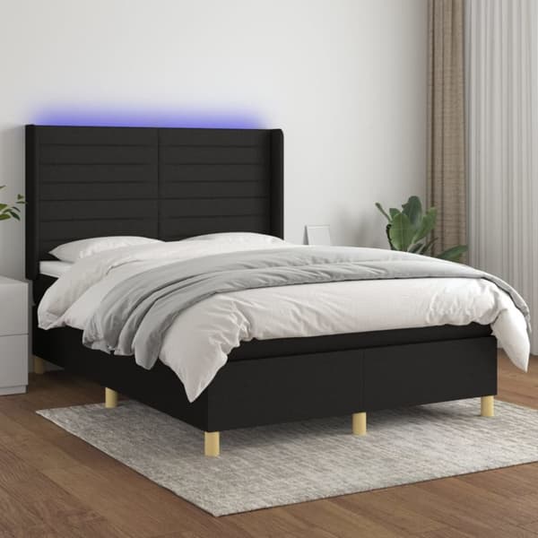 Ramsäng med madrass & LED svart 140x190 cm tyg