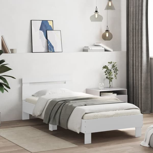 Sängram med huvudgavel vit 90x200 cm konstruerat trä