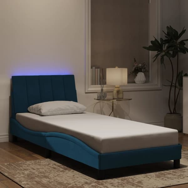 Sängram med LED-belysning blå 90x190 cm sammet