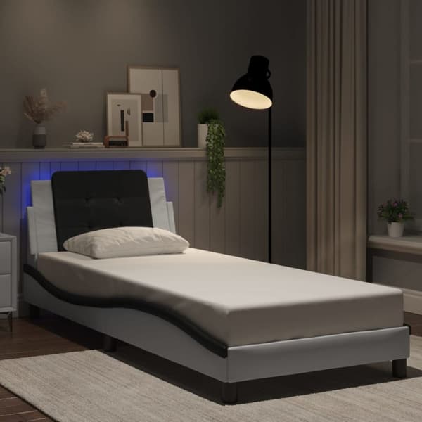 Sängram med LED-belysning vit och svart 90x190 cm konstläder
