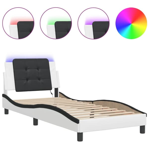 Sängram med LED-belysning vit och svart 90x200 cm konstläder