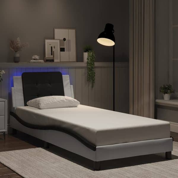 Sängram med LED-belysning vit och svart 90x200 cm konstläder
